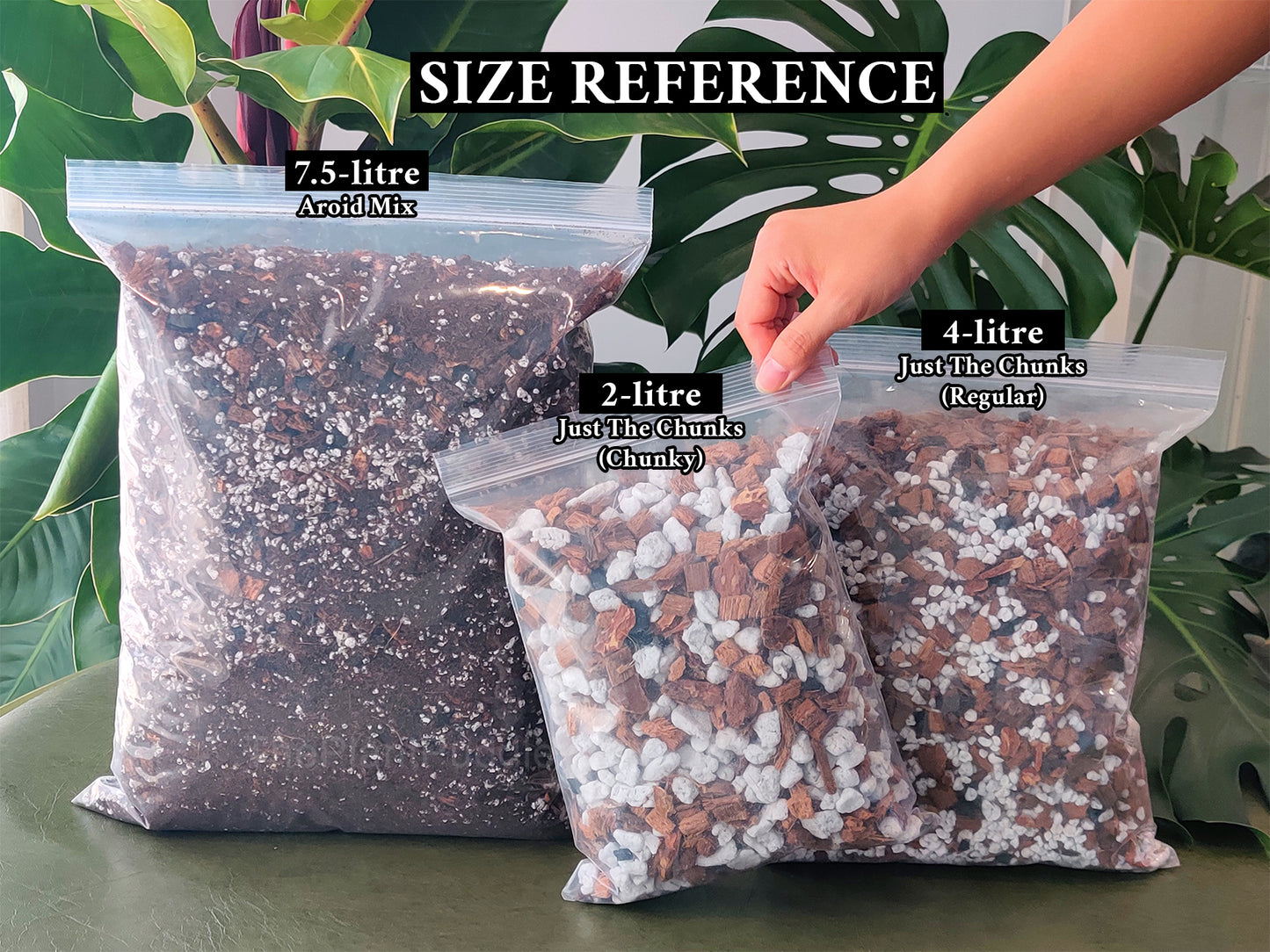 3 bags of available substrate sizes