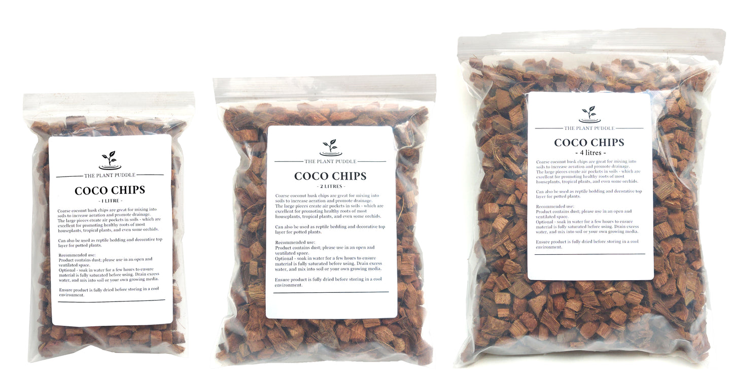 coconut husk chips in 3 bag sizes
