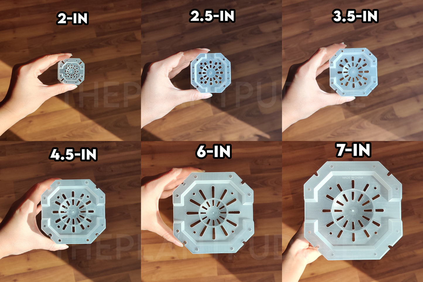 bottom of each size of square pots showing drainage hole pattern