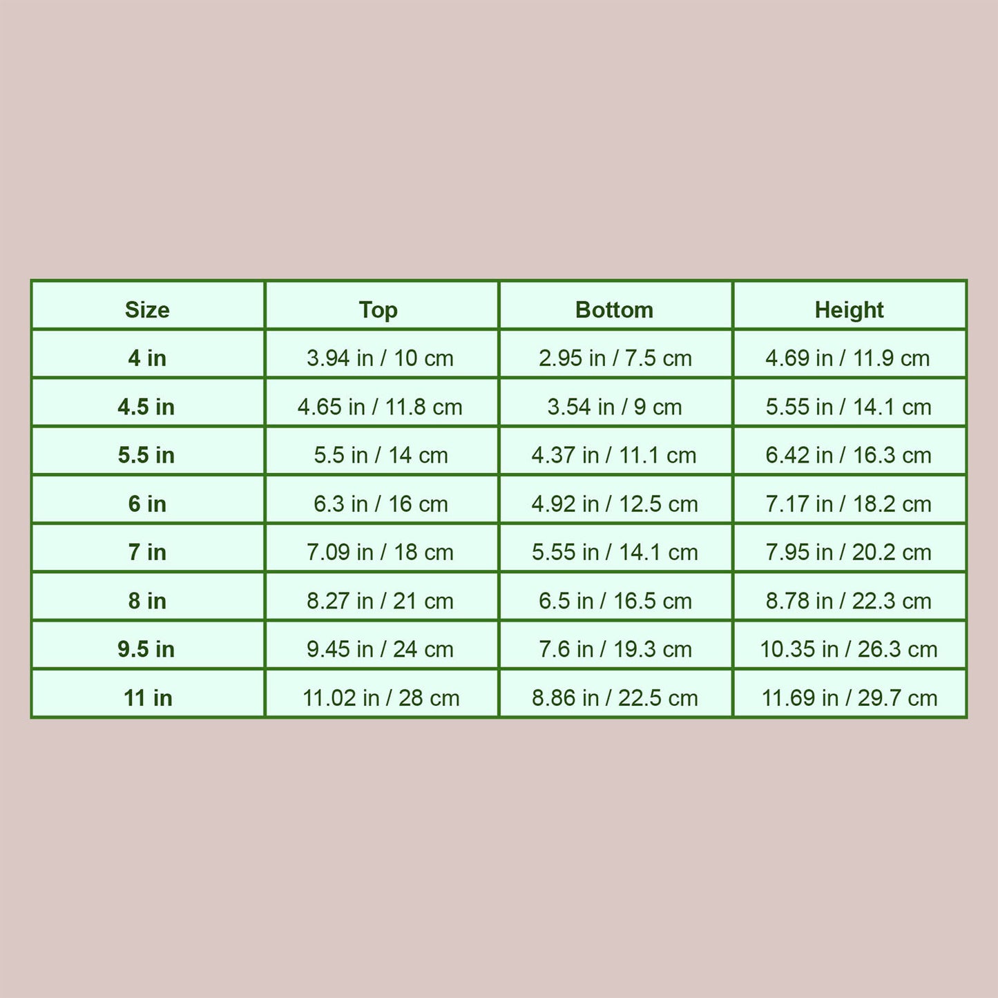 measurement chart for clear tall pots