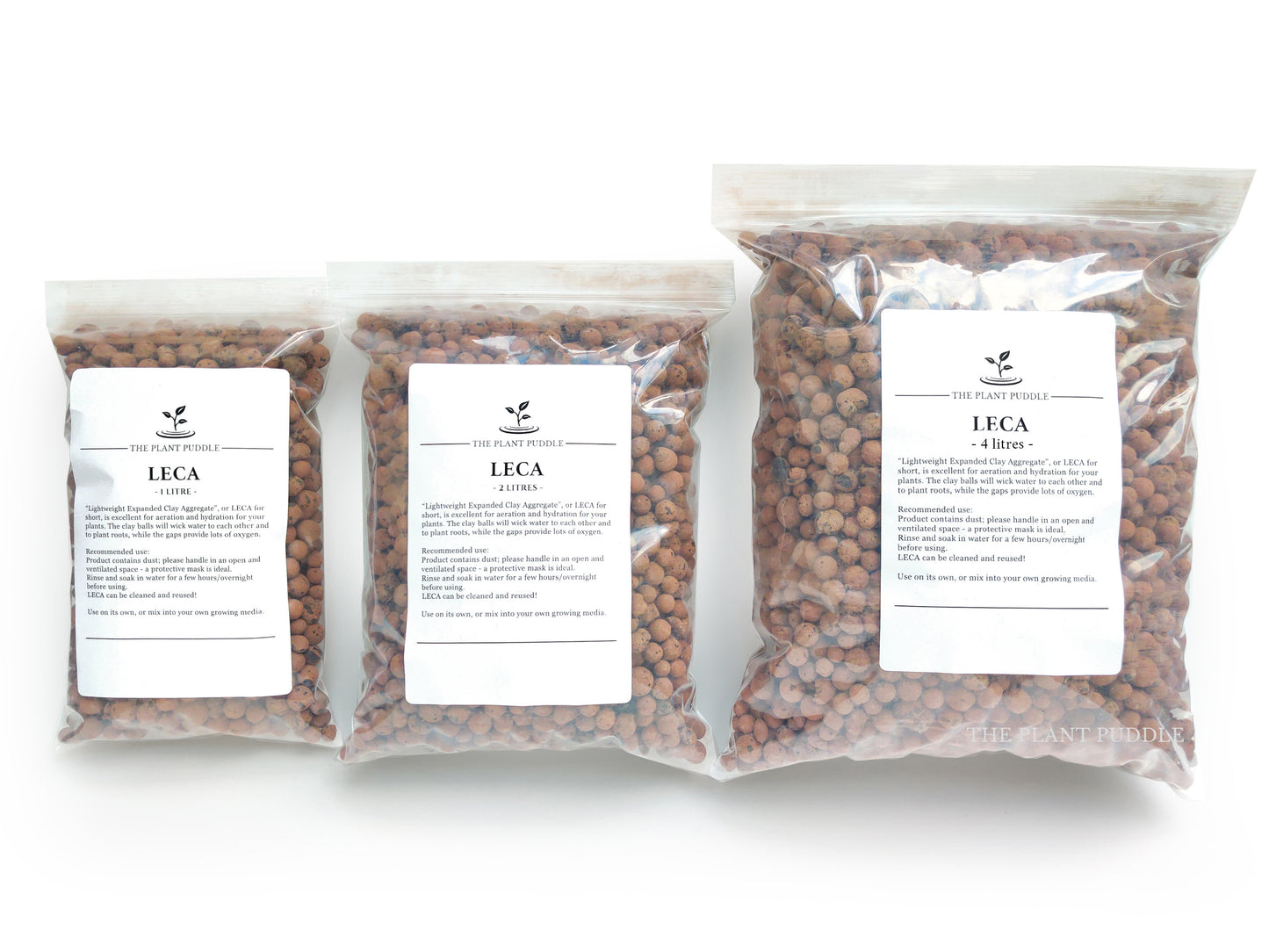 bagged leca displayed in 1-litre, 2-litres, and 4-litres