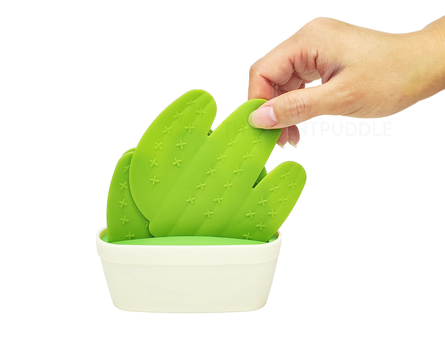 hand taking out one cactus coaster from pot style holder