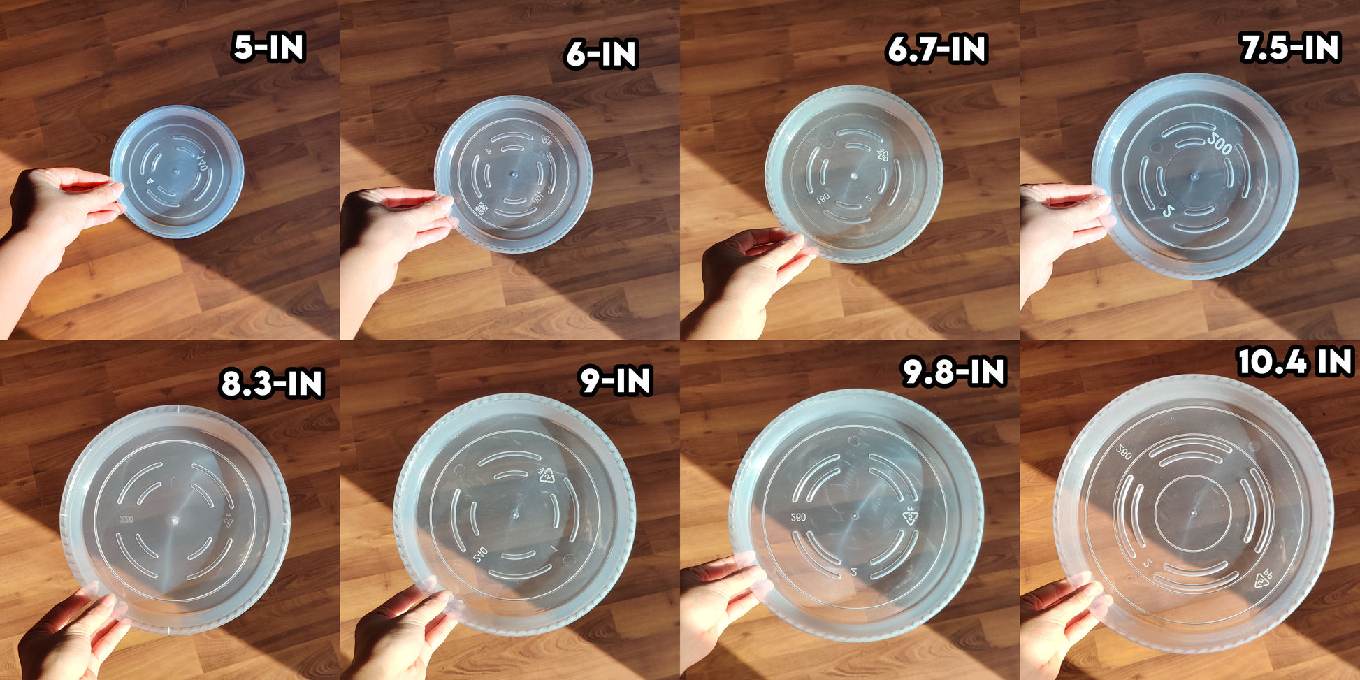comparison of 8 sizes of plant pot saucers