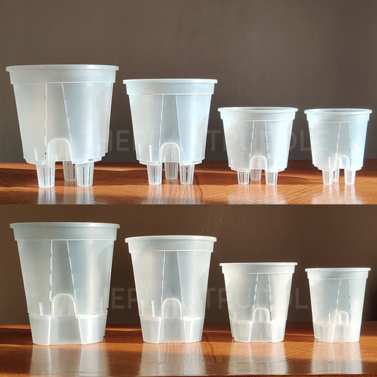4 sizes of self watering plant pots, with and without base
