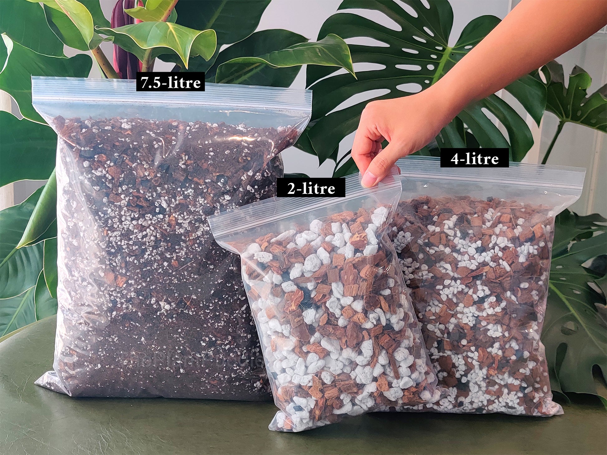 3 bags of available substrate sizes