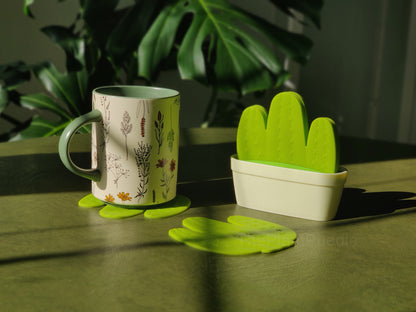green cactus shaped coasters with mug