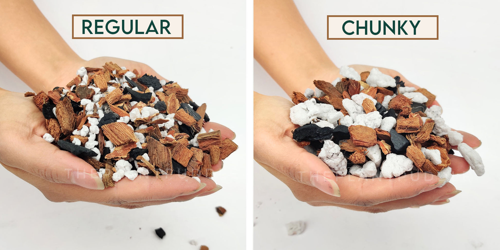 comparison of "just the chunks" potting mix held in hand