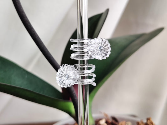 2 clear flower style clips on a clear trellis