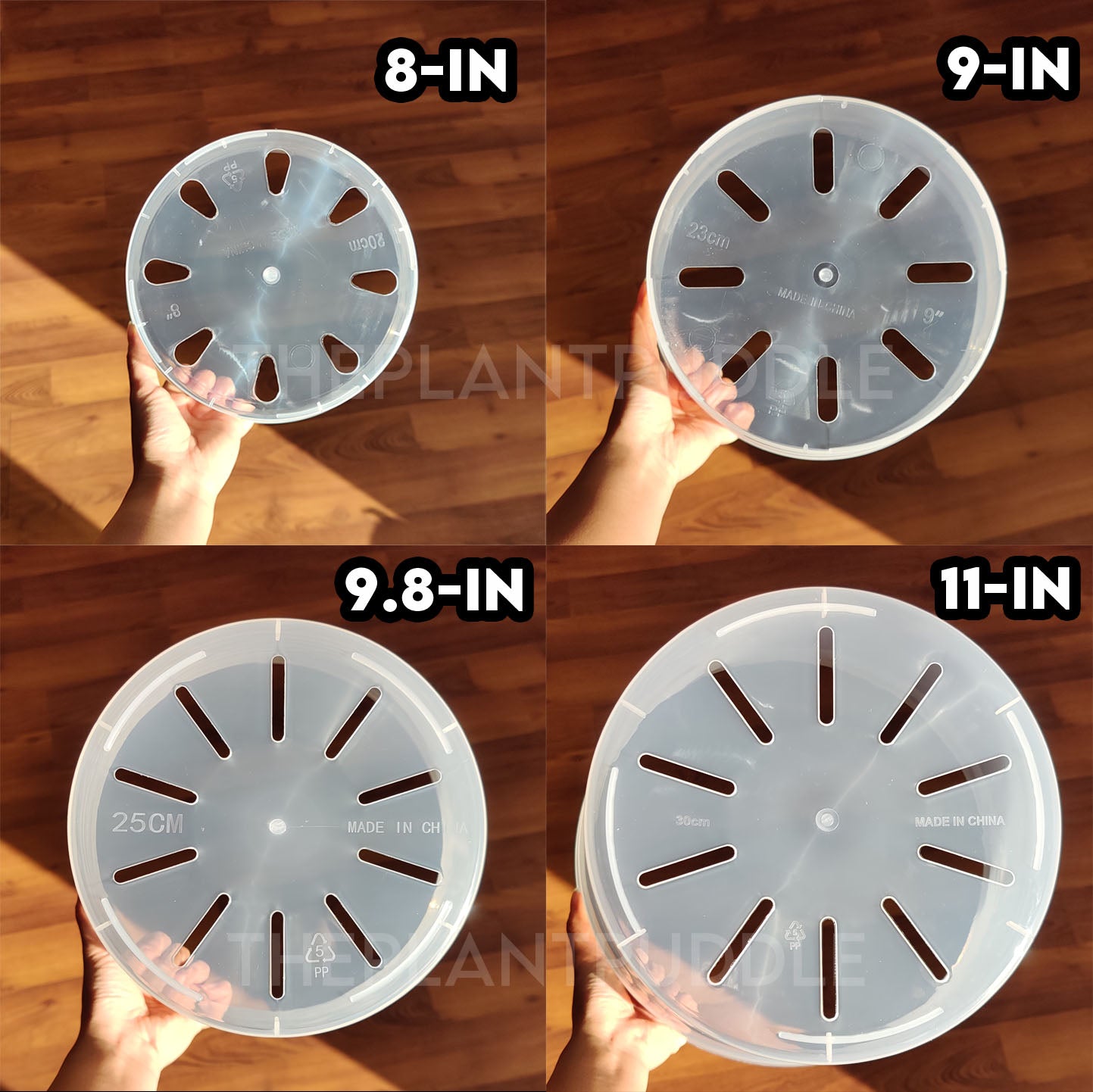 bottom view of drainage holes for pot sizes 8 to 11 inches