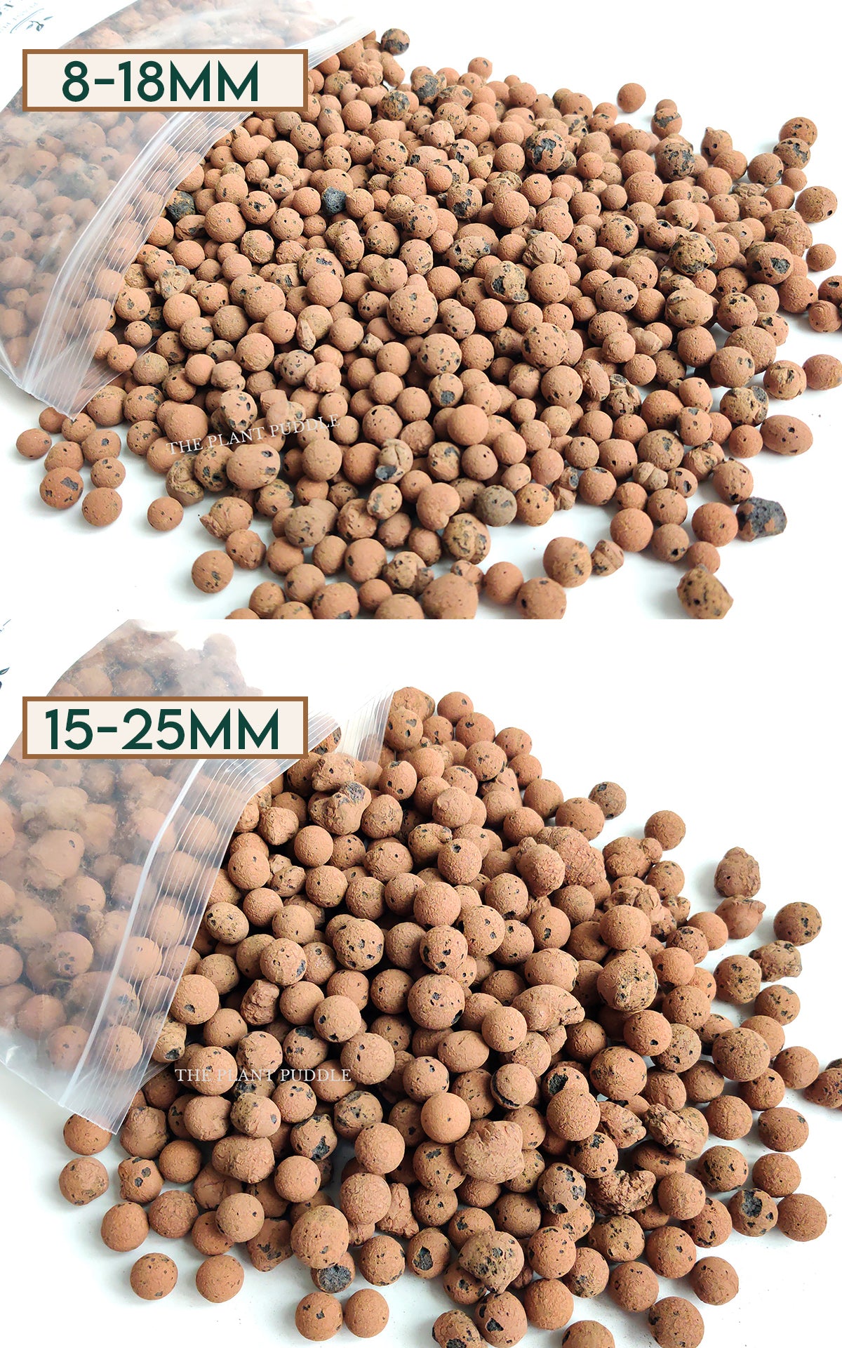 comparison of 2 sizes of leca, 8-18mm and 15-25mm