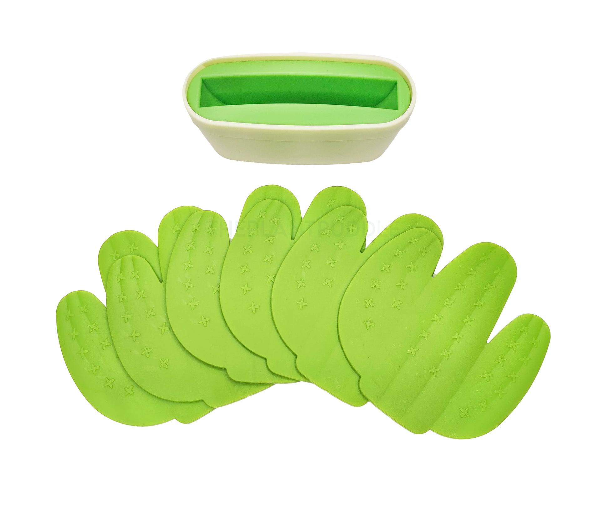 6 cactus coasters displayed with pot shaped holder