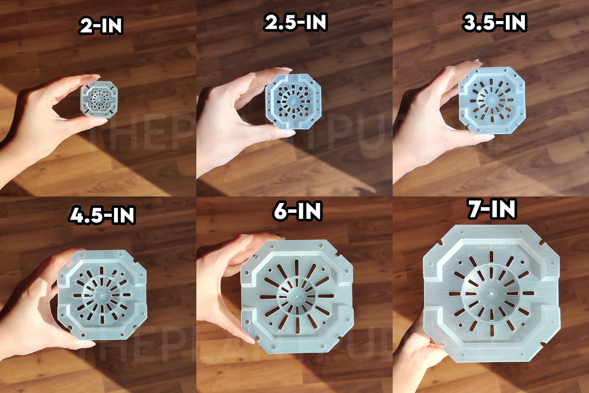 bottom of each size of square pots showing drainage hole pattern