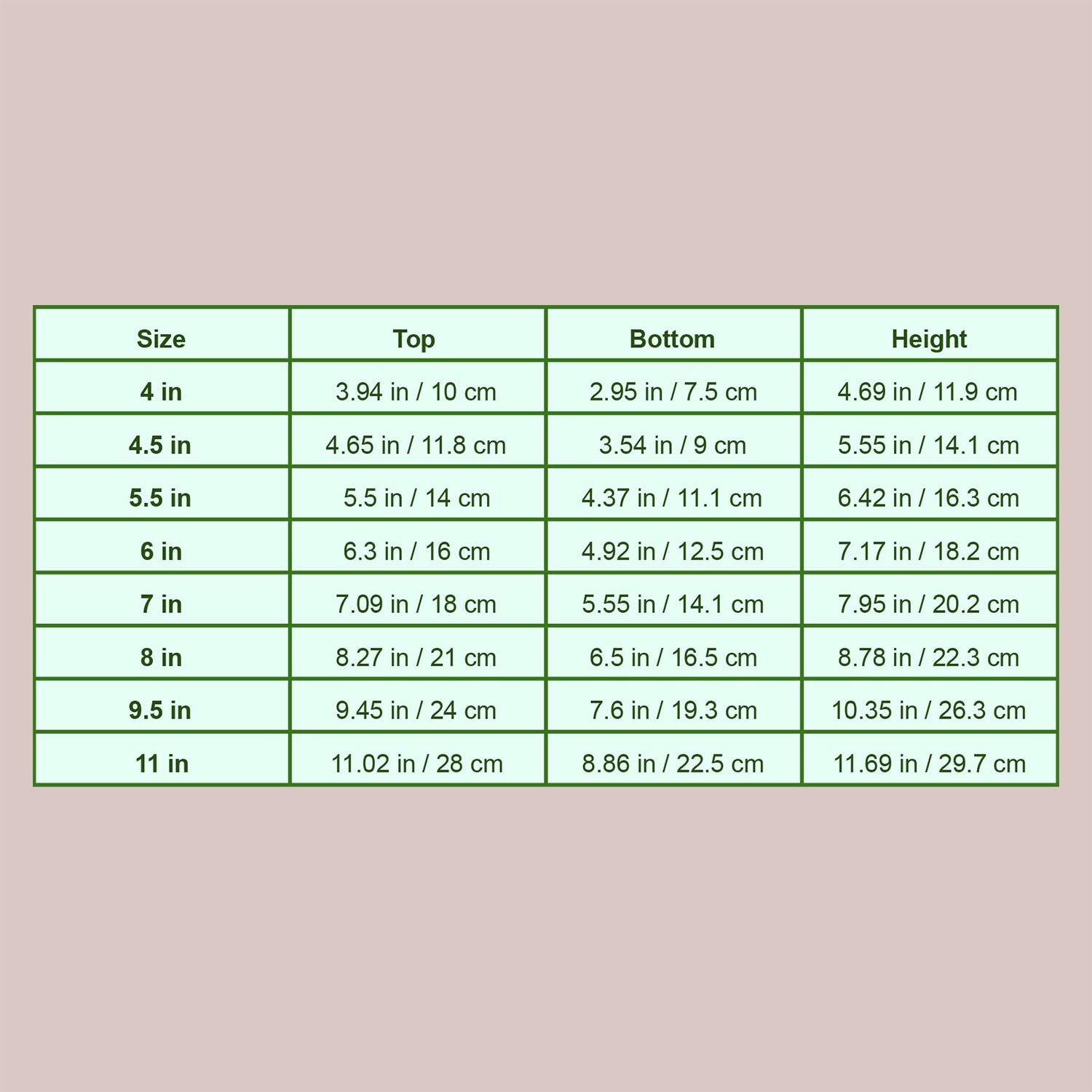 measurement chart for clear tall pots
