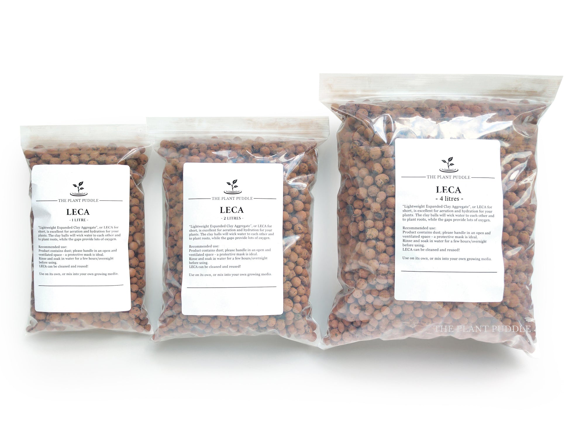 bagged leca displayed in 1-litre, 2-litres, and 4-litres