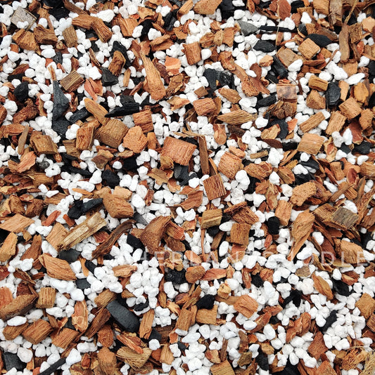 blend of chunky materials perlite, coconut husk chips, orchid bark, and charcoal