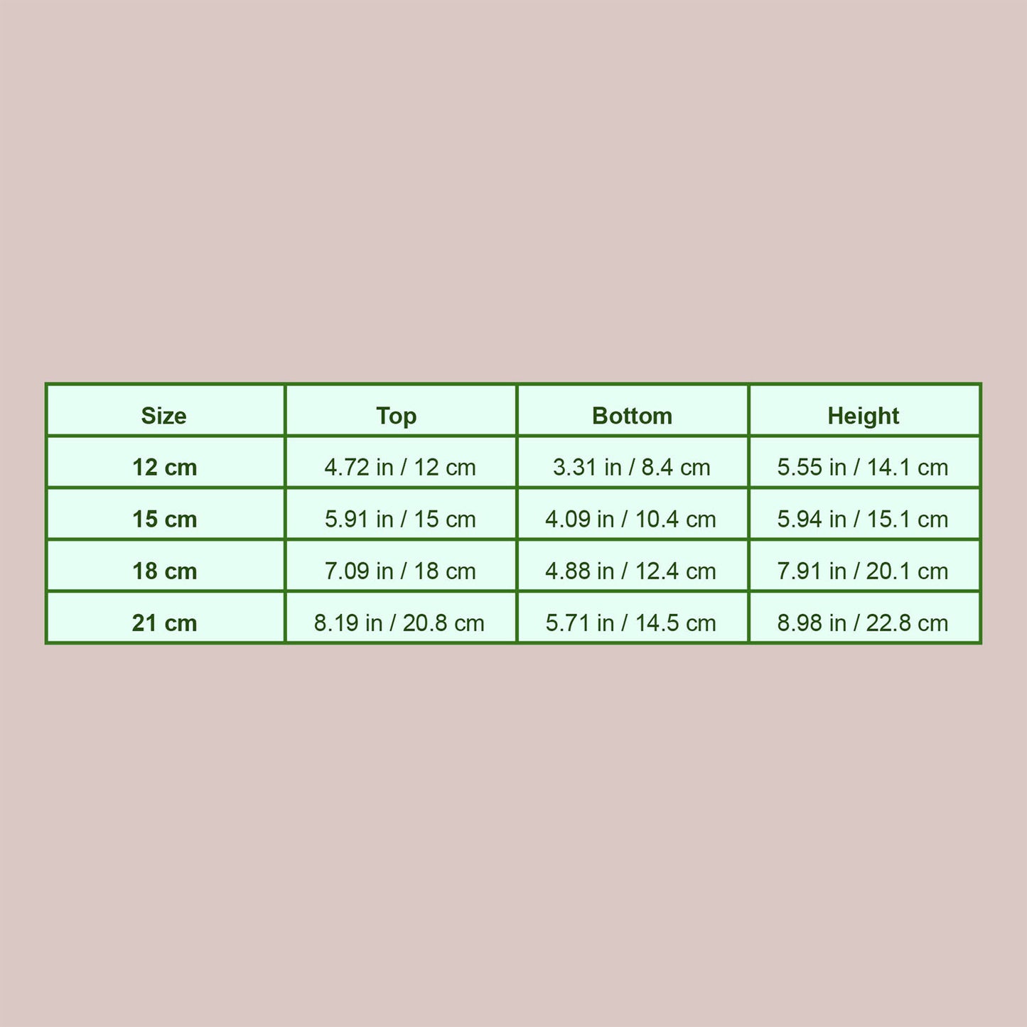 measurement chart for self watering pots