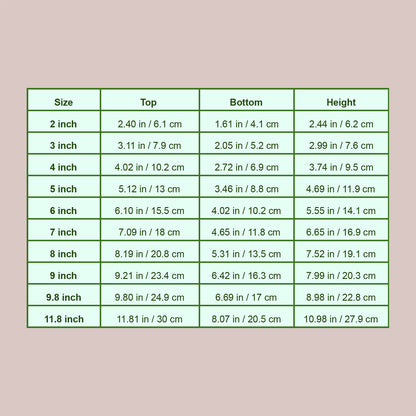 measurement chart for clear round pots