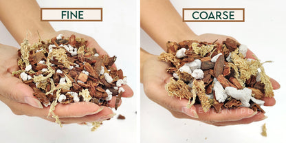 comparison of fine and coarse grade of orchid mix held in hands