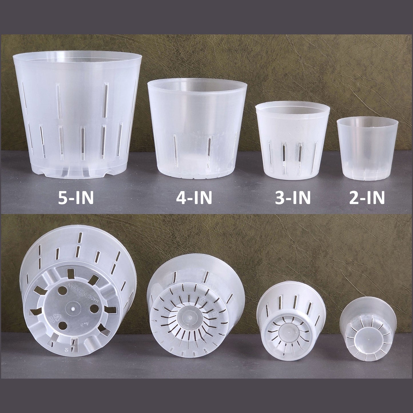 4 sizes of high drainage clear plastic pots displayed with their sizes