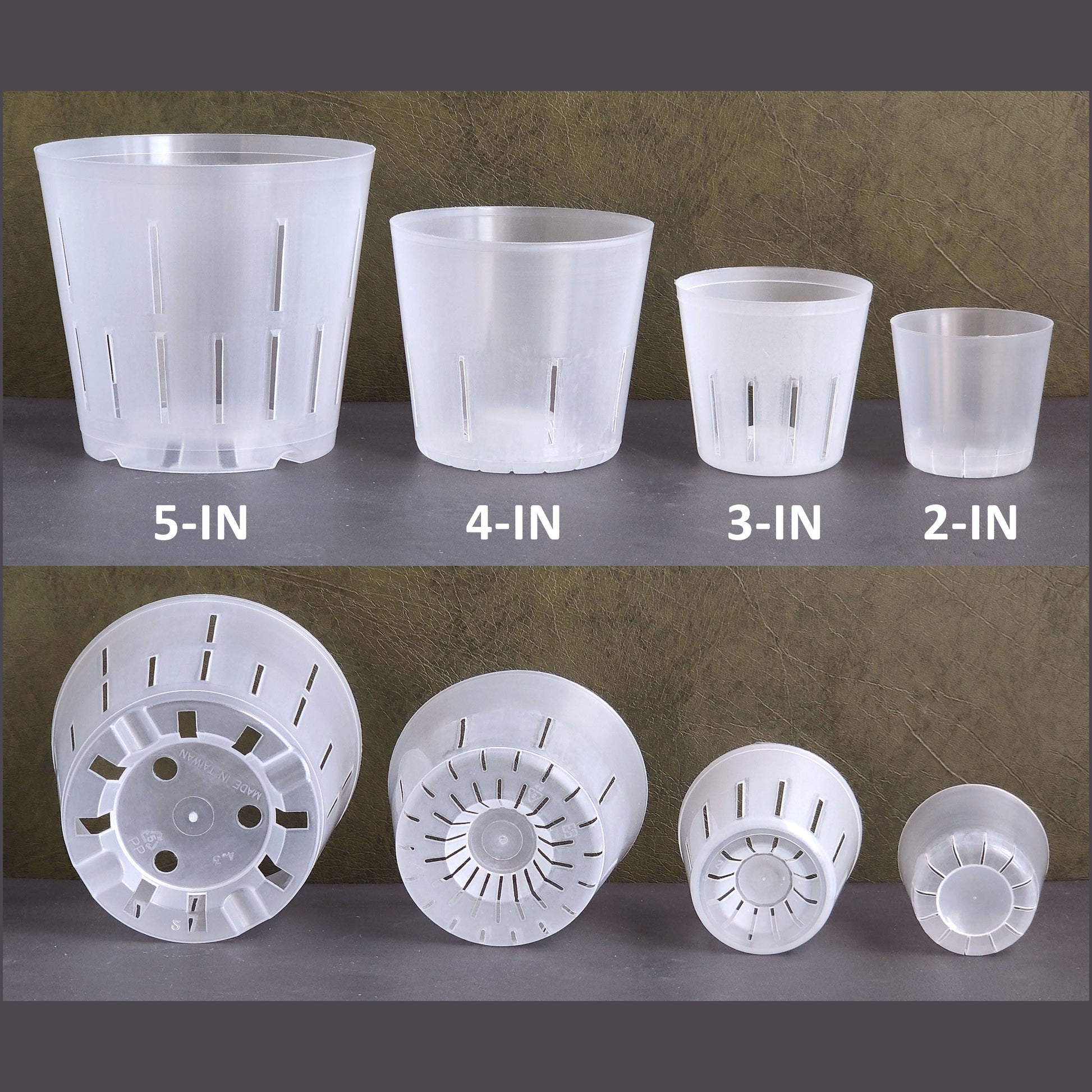 4 sizes of high drainage clear plastic pots displayed with their sizes