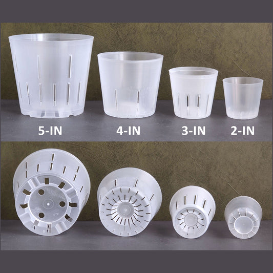 4 sizes of high drainage clear plastic pots displayed with their sizes