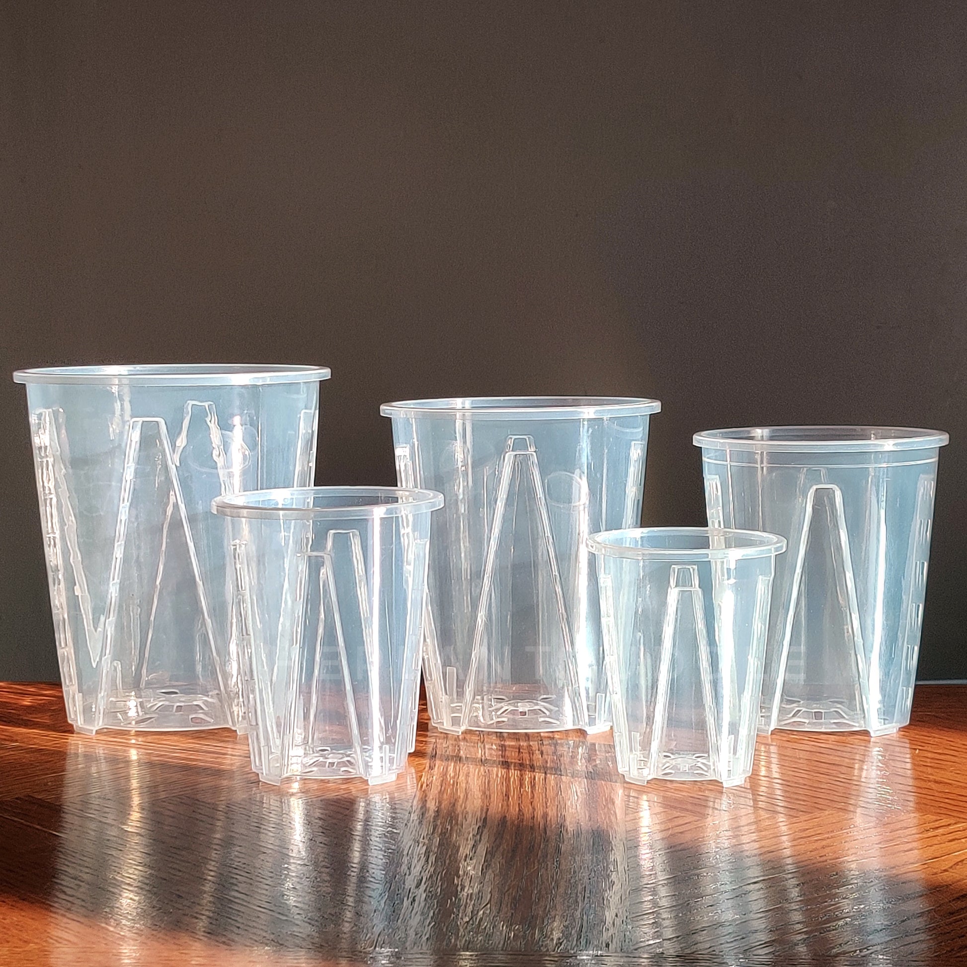 5 sizes of clear tall plant pots