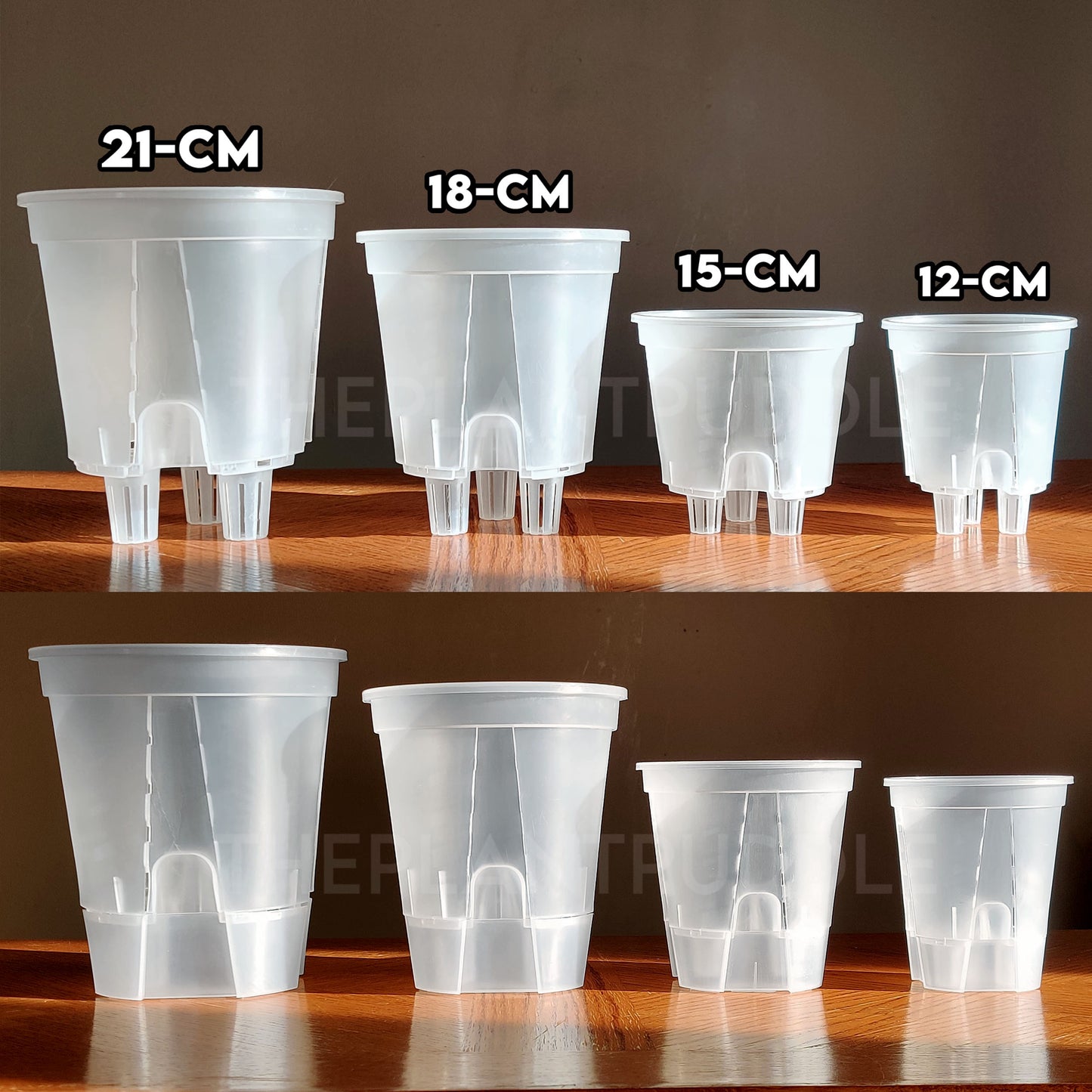 4 sizes of self watering plant pots showing measurement of opening