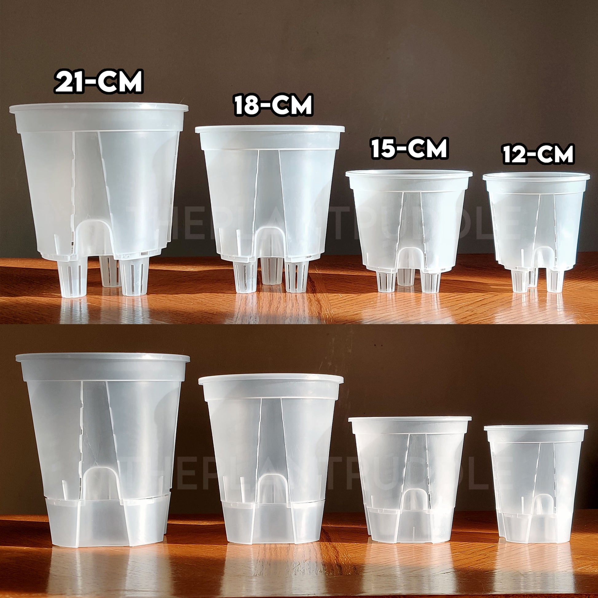 4 sizes of self watering plant pots showing measurement of opening