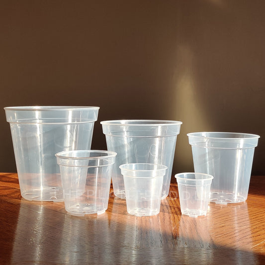 6 sizes of clear round plant pots